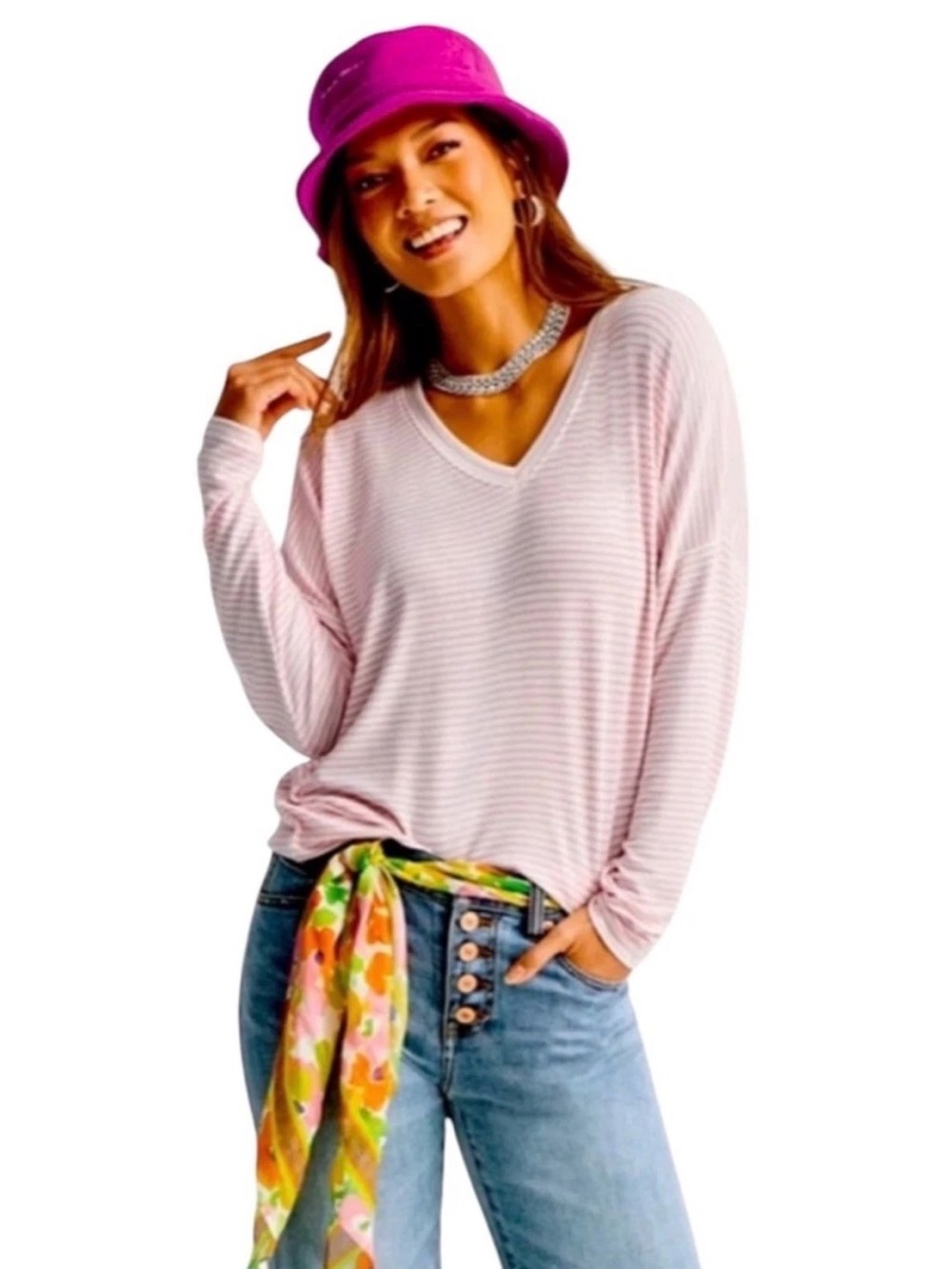 CABI style #6331 Serenity Tee pink & white stripe v-neck long sleeved sz M - NWT